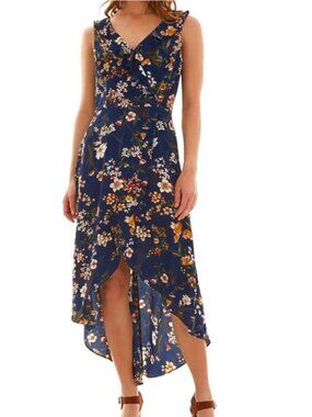 BCX Floral Ruffled Neck High Low Dress, Navy